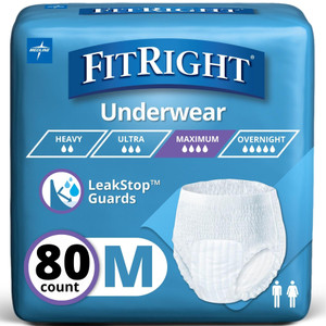 Medline FitRight Super Adult Incontinence Underwear, Maximum Absorbency, Medium, 28-40, 4 Packs of 20 (80 Total)