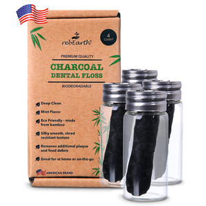 rebEarth Natural Deep Clean Charcoal Floss - Oral Care Dental Floss w/Mint Flavor, 30m Tooth Floss in Glass Container, Bamboo Floss w/Reusable Floss