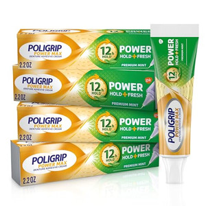 Poligrip Power Max Power Hold + Fresh Denture Cream, Premium Peppermint - 2.2 oz x 4
