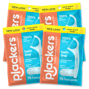 Plackers Twin Line Dental Floss Picks, Dual-Line Tuffloss, Easy Storage, Cool Mint Flavor, 75 Count (Pack of 4)
