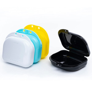 BOOMIBOO Retainer Case with Vent Holes, 4 Pcs Denture Cases, Durable & Similar Mouth Guard Case for Black, White, Yellow and Blue - Tight Snap Lock,