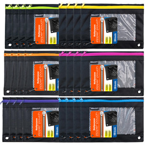 BAZIC Products Pencil Pouch 3 Ring Binder Pouch w/Rivet Enforced Rings Holes, Neon Black Color Mesh Window Zipper Pouches, 24-Pack