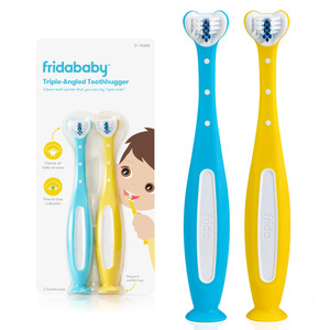Frida Baby Triple-Angle Toothhugger Training Toddler Toothbrush | Toddler Toothbrush 2 Years and Up, Cleans All Sides at Once | 2 Pack (Yellow + Blue