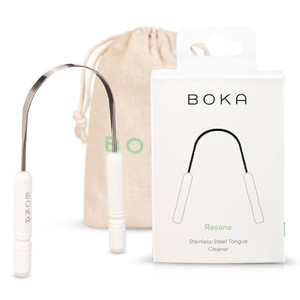 Boka Tongue Scraper for Adults & Kids with Case - Stainless Steel Tongue Cleaner w/Linen Travel Pouch - Scrubber to Remove Tongue Buildup and Freshen