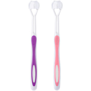 Boao 2 Pieces Autism Toothbrush Three Bristle Travel Toothbrush for Complete Teeth, Great Angle Bristles Clean Each Tooth, Soft and Gentle(Pink, Purp