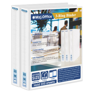 Mzj.Office 3 Ring Binder 1 inch, 2 Pack 1 Binders 3 Ring with Clear View Front Pocket, Holds 200 Sheets, Round Rings for US Letter Paper, School & Of