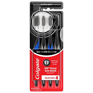 Colgate Gum Health Charcoal Toothbrush with Ultra Soft Floss Tip Bristles, Extra Soft for Sensitive Gums and Teeth, 4 Pack