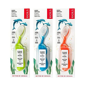 RADIUS Children's Toothbrush, Kids Brush, Extra Soft Bristles, Right Handed, Green/Blue/Orange, BPA Free & ADA Accepted, Designed to Clean Delicate T