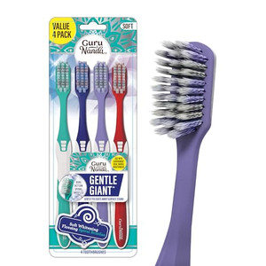 GuruNanda Gentle Giant Toothbrush with Dual Action Flossing Spiral Bristles, Non-Slip Ergo Dexa Grip, Helps in Teeth Whitening, BPA Free, (4 Count)