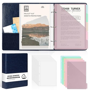 ?Half Size?Pu Leather Mini 3 Ring Binder with 5-Tabs Pocket Dividers & 25 Sheet Protectors 5.5 x 8.5 Professional Organizer Cute Organizer Binders 1"