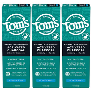 Tom's of Maine Activated Charcoal Whitening Toothpaste with Fluoride, Peppermint, 4.7 oz. 3-Pack (Packaging May Vary)
