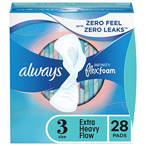 Always Infinity Feminine Pads for Women, Size 3, Extra Heavy Flow, with Wings, Unscented, 28 CT