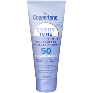 Coppertone Every Tone Sunscreen Lotion SPF 50, Lightweight, Rubs on Clear Sunscreen for All Skin Tones, Formulated with Nourishing Vitamin E, 7 Fl Oz