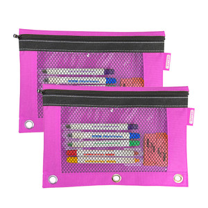 BAZIC Products Pencil Pouch 3 Ring Binder Pouch w/Rivet Enforced Rings Holes, Mesh Window Zipper Case, Pink 2-Pack