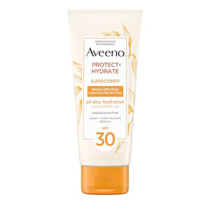 Aveeno Protect + Hydrate Moisturizing Sunscreen Lotion with Broad Spectrum SPF 30 & Prebiotic Oat, Weightless Sweat & Water-Resistant Full Body Sunsc