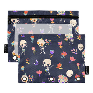 ZAZYXTJ Skull Binder Pencil Pouchs 3 Ring with Zipper Clear Window Office Organizers bag for School Students Teacher Supplies 2 Pack