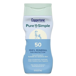 Coppertone Pure and Simple Zinc Oxide Mineral Sunscreen Lotion SPF 50, Water Resistant Sunscreen for Sensitive Skin, Hypoallergenic and Fragrance Fre