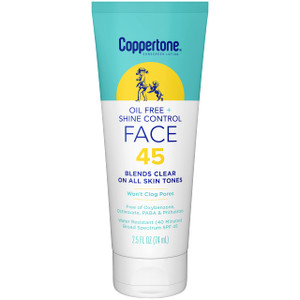 Coppertone Oil Free + Shine Control Sunscreen Face Lotion SPF 45, Lightweight Sunscreen for All Skin Tones, Won't Clog Pores, Fragrance Free, 2.5 Fl