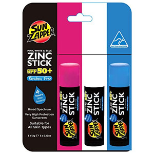 Sun Zapper Zinc Oxide Sunscreen Stick  SPF 50+ Waterproof  3-Pack (Pink, White, Blue)  For Face & Body  Adults, Kids, Baby  Travel Size  Made i