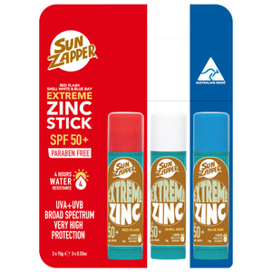 Sun Zapper Extreme Zinc Sunscreen Stick 3-Pack SPF 50+ Red White Blue  Colored Water Resistant Mineral Sunscreen Sticks for Face, Surf Sunblock, 15g