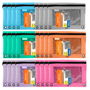BAZIC PRODUCTS Pencil Pouch 3 Ring Binder Pouch w/Rivet Enforced Rings Holes, Pastel Color Mesh Window Zipper Pouchesr, 24-Pack