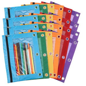24 Pack Pencil Pouch for 3-Rings Binder, 3-Holes Zipper Pencil Pouches in Assorted Colors, Sturdy and Resuable Cloth Holder with Clear Window for Off