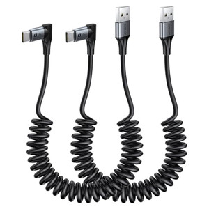 SUNGUY Right Angle Coiled USB C Cable 5FT [Comfortable Length: 1.3-3.3FT], 2Pack 90 Degree USB-A to USB-C Cable Android Auto Carplay, Type C Cord for