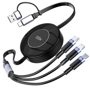 100W Multi Charging Cable, 3-in-1 Retractable USB-C/A to Lightning/USB-C/Micro Fast Charger Cord for Multiple Devices, for iPhone 17 16 15, Samsung,