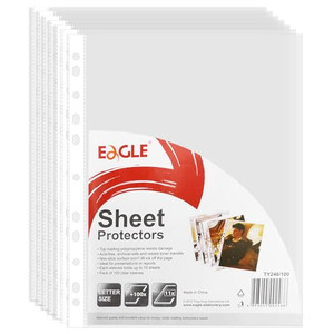 Eagle 100-Pack Sheet Protectors, Letter Size, 11 Holes Fit for 2/3/4 Ring Binders, Top Loading Clear Plastic Sleeves, Waterproof & Anti-Dirty for Cla