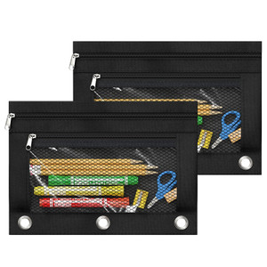 3 Ring Binder Pencil Pouchs, Zippered Pencil Pouch Double Pocket Pencil Pouch 3 Ring with Clear Mesh Window (Black 2pack)