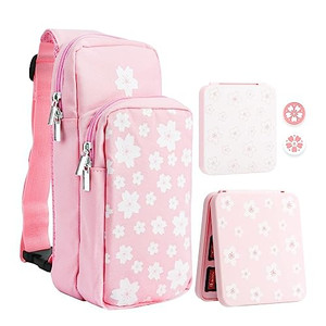 RHOTALL Pink Travel Bag for Nintendo Switch/Lite/OLED/2 ,Large Capacity Portable Carrying Case Compatible for Chest Shoulder Accessories Storage Back