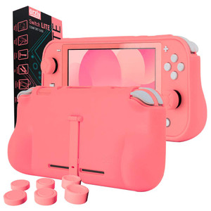 Orzly Grip Case Compatible for use with Nintendo Switch Lite  Case with Comfort Padded Hand Grips, Kickstand, & Pack of Thumb Grips - Coral