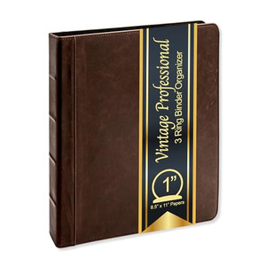 Vintage Professional 3 Ring Binder Organizer, 1-inch Round Rings, 8.5" x 11" Sheet Size, 2 Inner Pockets, 1.6" Spine, Appearance of Antique Brown Lea