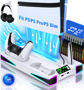 Kawaye PS5 Stand PS5 Cooling Station for Playstation 5/Pro/Slim Console, PS5 Accessories Vertical Stand with 2.36in Large P5 Fan Cooling Fan, RGB Lig