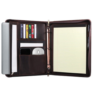 YIWEN Handmade Leather 3 Ring Binder Portfolio, Zippered Padfolio Business Organizer for 13" Tablet and 8.5 x 11 Notepad, Professional Business Trave