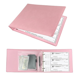 3 Rings Business Check Binder for End-Stub Deskbook Checks with 3 & 9 Holes, Faux Leather (11 1/4" x 9") in Pink