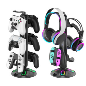 Generic Headphone Stand RGB Controller Stand 9 Lighting Modes Headset Holder with USB Charging Data Transfer Controller Holder for Desk Gaming Access