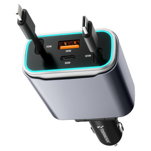 TOENNESEN Retractable Car Charger USB C 131W 4-in-1 Fast Charging with 2 Retractable Cables Car Phone Charger Adapter for iPhone 17 Pro Max 16 15 14