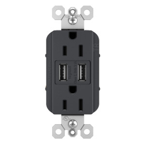 Legrand radiant TM826USBGCCV4 15 Amp Decorator Duplex Tamper Resistant Outlet Receptacle with 3.1A Type A USB Charger, Graphite (1 Count)