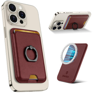 SHIELDON Genuine Leather Magnetic RFID Blocking Card Holder Wallet Case with Metal Finger Ring Stand for iPhone 16/15/14/13/12 Pro Max/Pro/Plus - Win