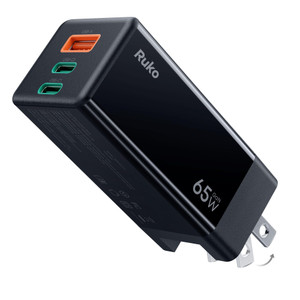 Ruko PD65W USB C Charger, 3-Port GaN Fast Charger Block, Compact Foldable Wall Charger for iPhone 17/16, MacBook Pro/Air, Galaxy S24, Pixel, Drone, S