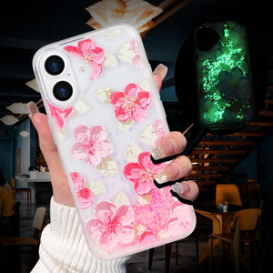 VALRION Compatible with iPhone 16 Plus Oil Painting Flower Case Glow in The Dark Liquid Fluorescent Floating Waterfall Floral Case Women Girly Light