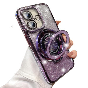 AuroiCCY for iPhone 16 Magnetic Kickstand Case, [Compatible with Magsafe] Bling Glitter Diamond Rhinestone Ring Holder Camera Lens Protector Girly Wo