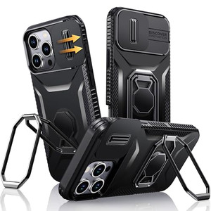 XYZ for iPhone 16 Case with Stand, Phone Case with Slide Camera Cover, [Foldable Double Ring Holder] [Military-Grade] Shockproof Protective Cover for
