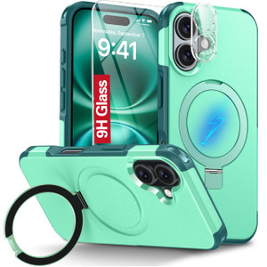 Oterkin Magnetic for iPhone 16 Plus Case Compatible with MagSafe [Foldable Invisible Stand][Tempered Glass Screen Protector & Camera Lens Protector]