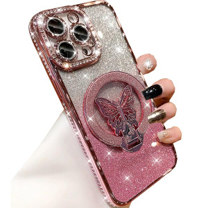 Changjia Magnetic Stand Glitter Case for iPhone 16 Pro Max, [Compatible with Magsafe] Cute Bling Sparkly Diamond with Camera Protector Butterfly Kick