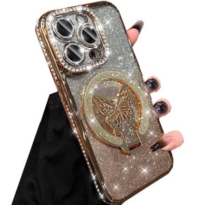 Changjia Magnetic Stand Glitter Case for iPhone 16 Pro Max,[Compatible with Magsafe] Cute Bling Sparkly Diamond with Camera Protector Butterfly Kicks