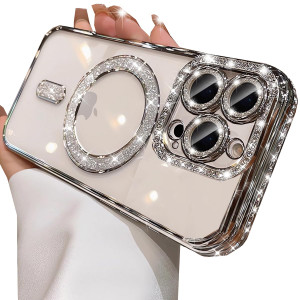 Changjia Magnetic Clear Glitter Case for iPhone 16 Pro,[Compatible with MagSafe] Cute Luxury Bling Sparkly Diamond with Camera Protector Soft TPU Bum