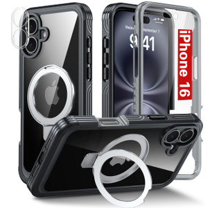 Oterkin Magnetic for iPhone 16 Case Compatible with MagSafe [Foldable Stand][HD Camera Lens Protector][Built-in Touch Sensitive Glass Screen Protecto