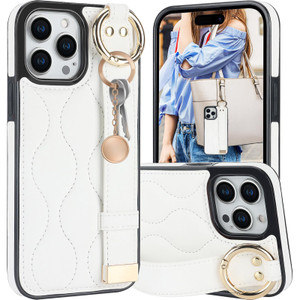 Ephoou Finger Loop Ring Wrist Band Case for iPhone 16 Pro Max with Keychain, Adjustable Wristband Holder Kickstand [Stand Function] PU Leather Cover